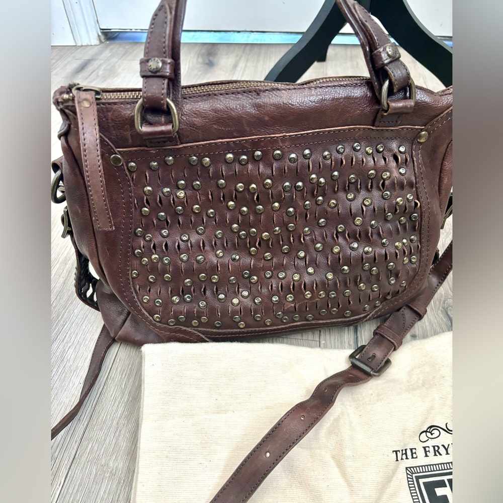 FRYE Diana Chocolate/Charcoal Stud Satchel Handbag NWOT